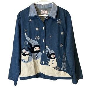 Tantrums Vintage Denim Snowman Winter Christmas Shacket Women’s‎ XL Holiday
